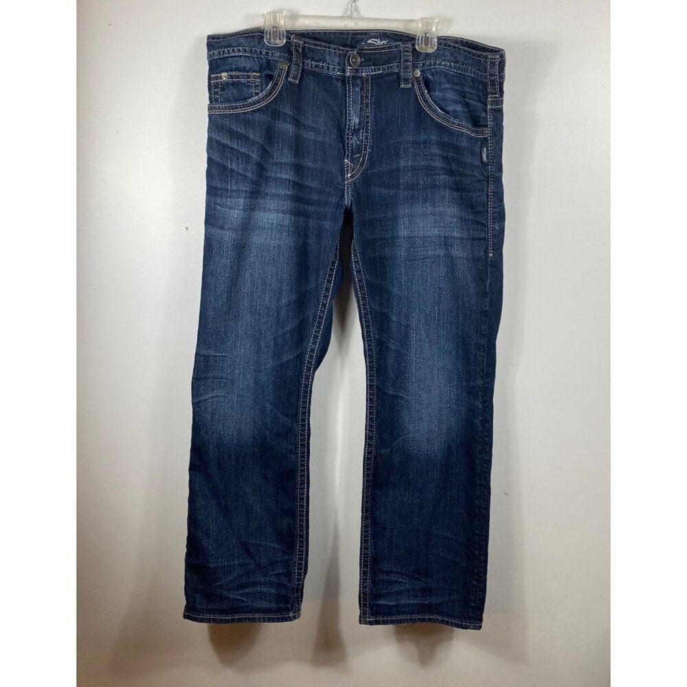 Mens Silver Zac Wide Leg Jeans 40 x 32 Blue Cotton Elastane Distressed Hem